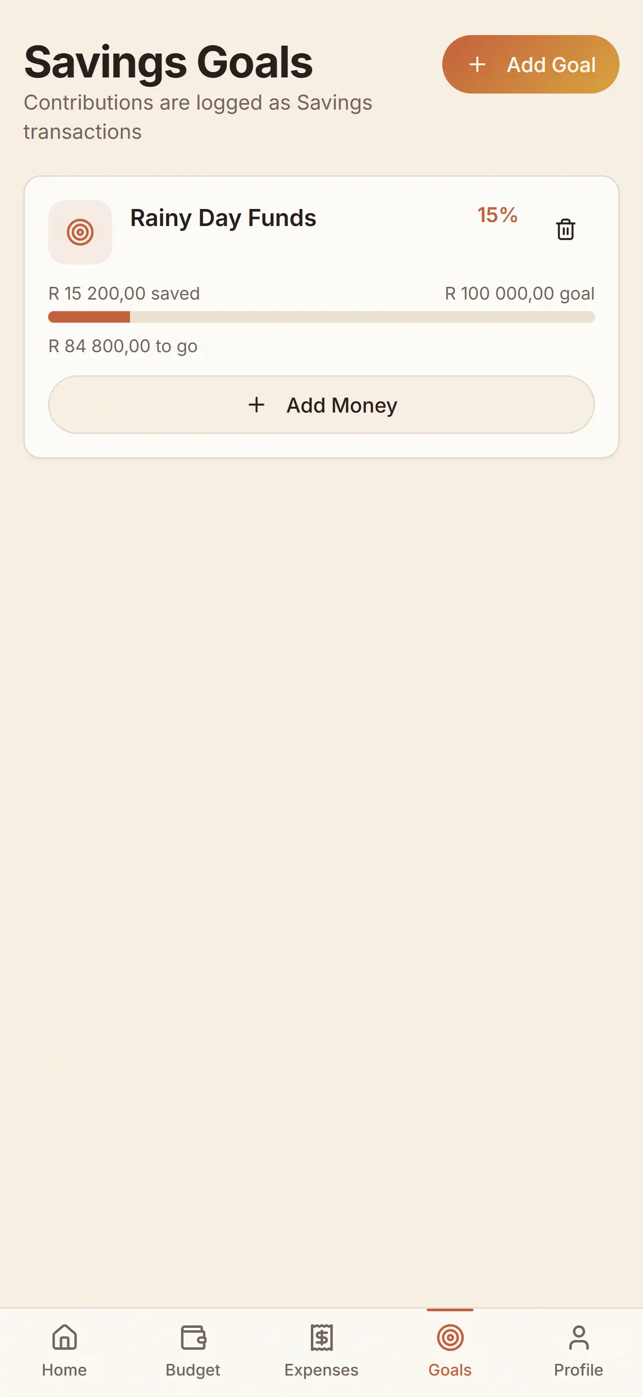 Crest savings goals screen showing progress toward each target